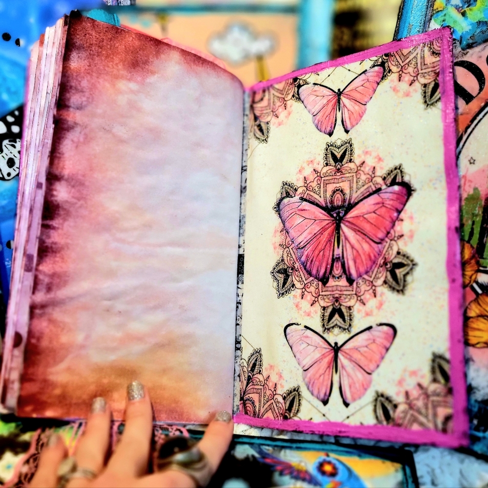 Rose Gold Pink Music and Butterflies Handmade Canvas Journal Hand Dyed Pages - Picture 9 of 12
